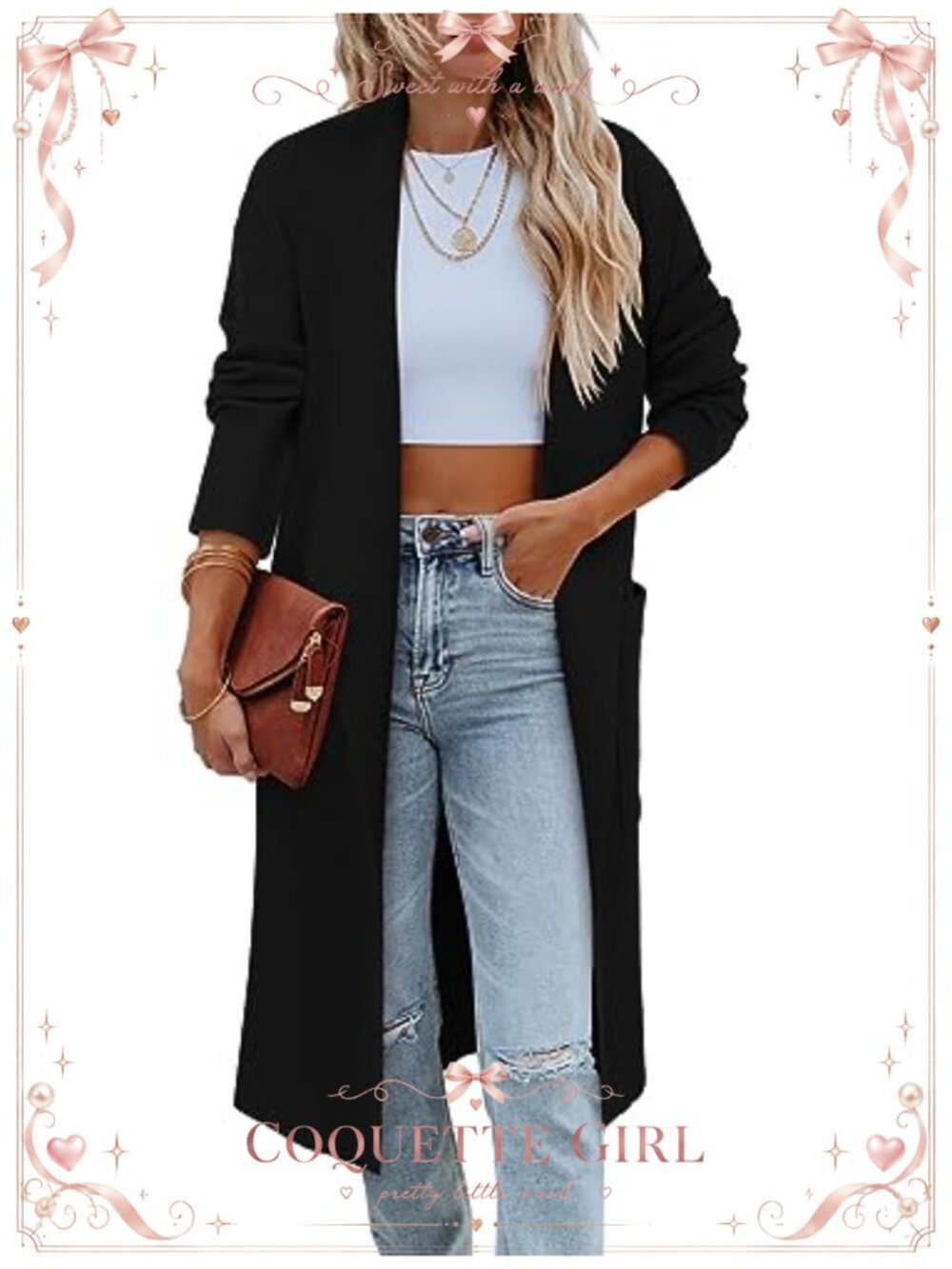 Womens Long Sleeve Open Front Knit Cardigan Sweater with Pockets Fall Winter